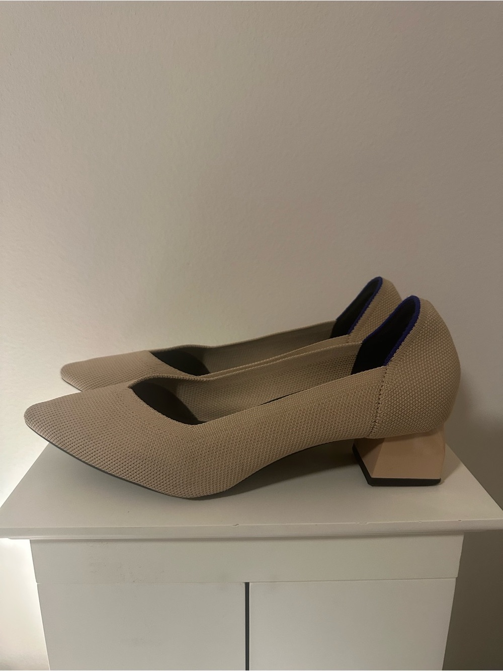 Beige High Point Block Square Heel Pointed-Toe Pumps
